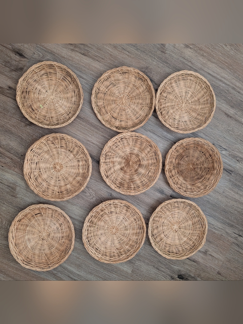 Set of 9 Woven Flat Baskets / Boho Wall Decor / Paper Plate Holders